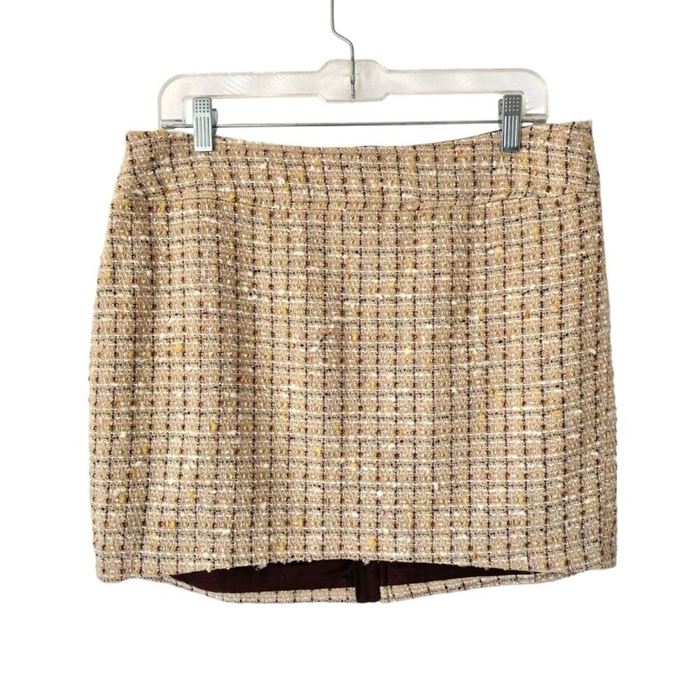 Tory Burch Plaid Tweed Tan Mini Skirt Zipper Back size 12 Wool Blend